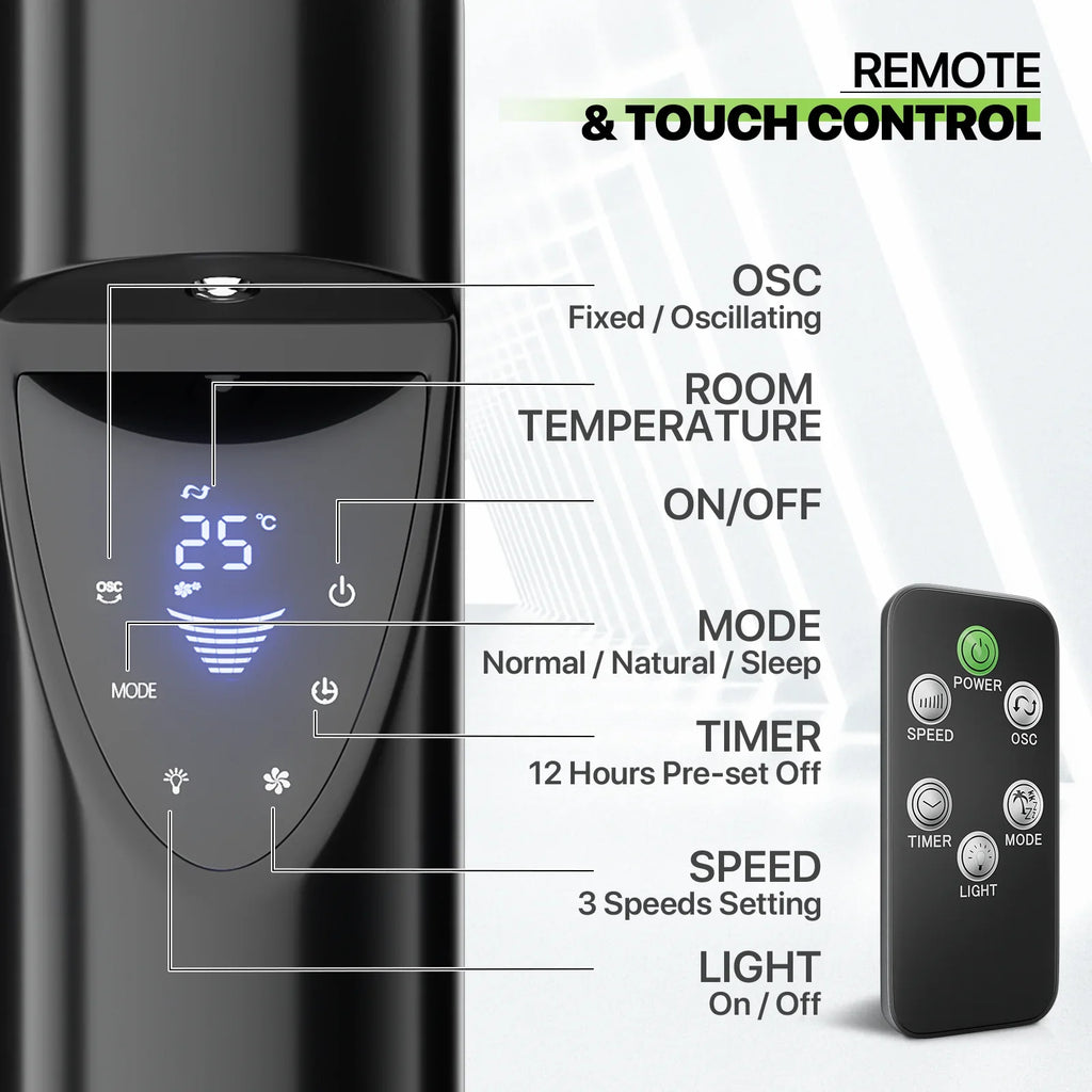3-Speeds Tower Fan w/Remote & LED 47"Oscillating Bladeless Low Noise Fan USA