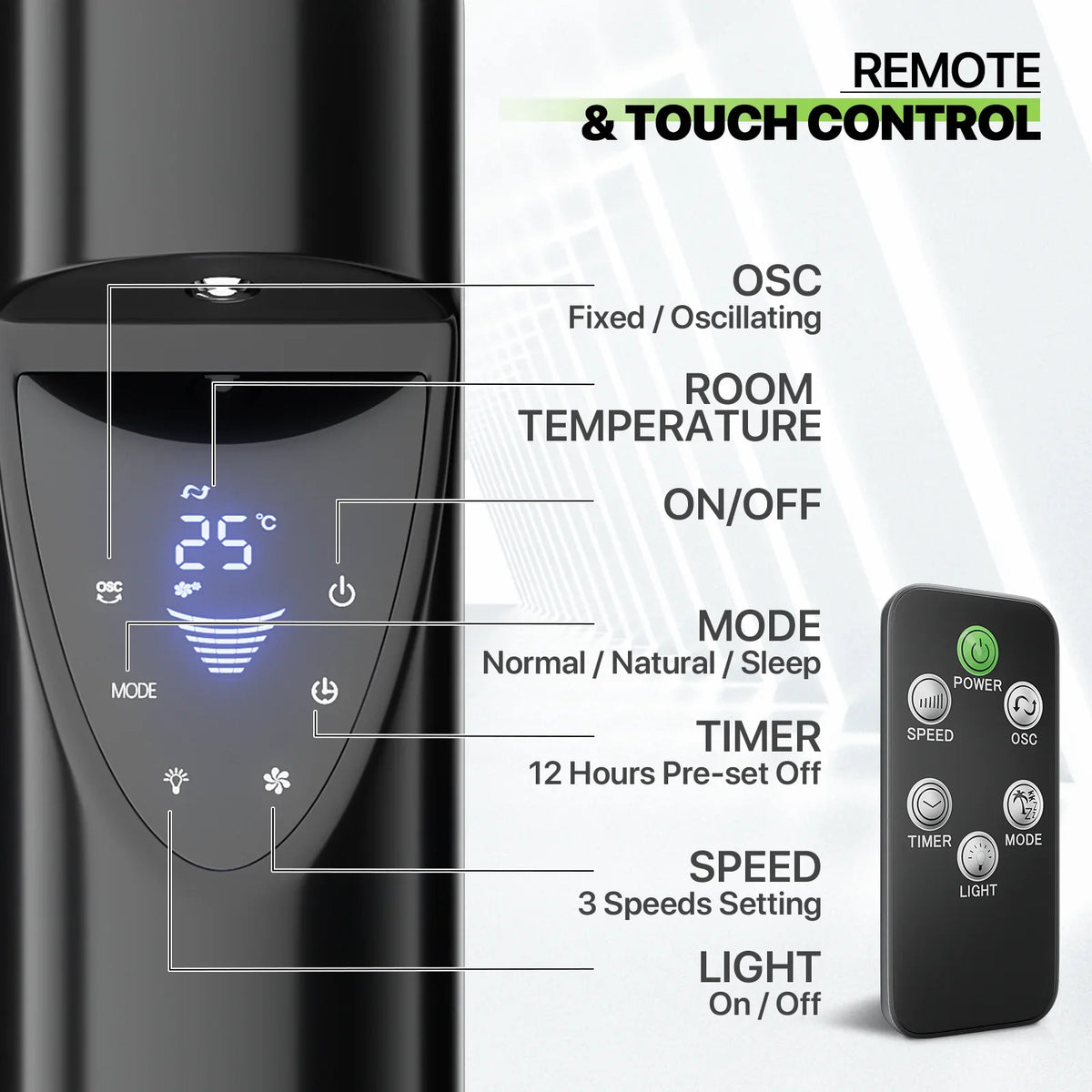 3-Speeds Tower Fan w/Remote & LED 47"Oscillating Bladeless Low Noise Fan USA