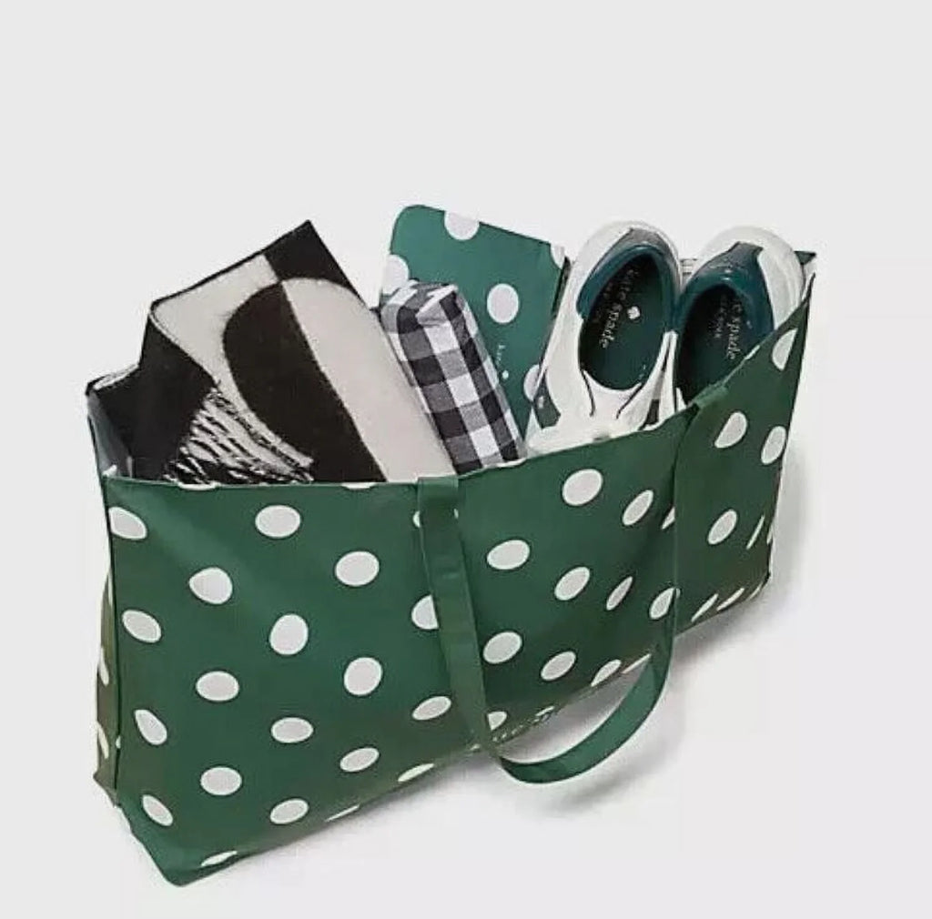 Kate Spade New York Tote Polka Dots Canvas Tote XL Green White Reusable Shopping Beach Bag