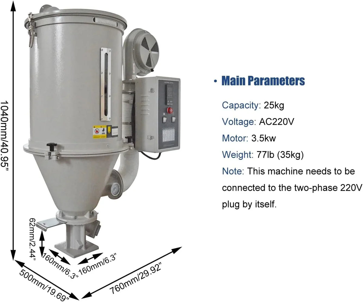EQCOTWEA Plastic Dryer Plastic Dehumidifier Hopper Type 55lbs Capacity for PP PE ABS Plastic 220V 25KG