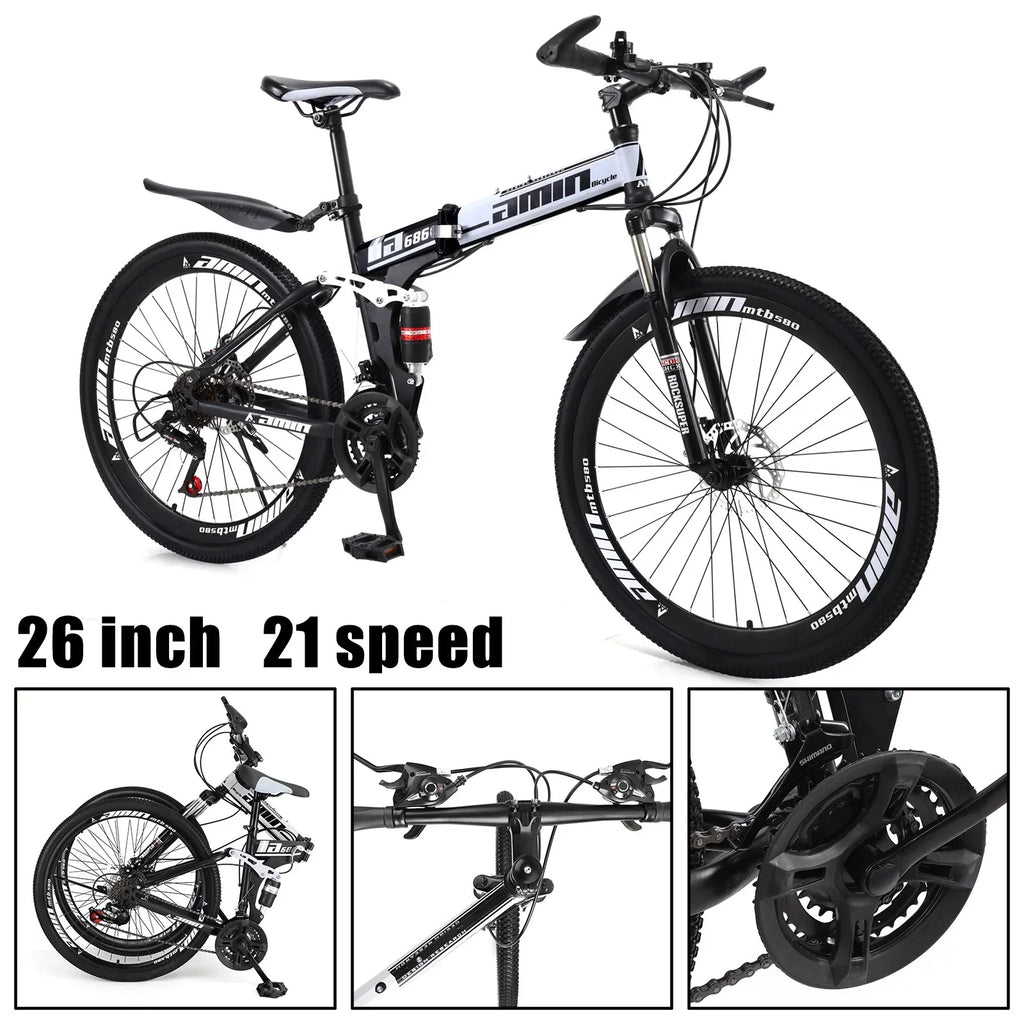 Unisex Adult Mountain Bike Full Suspension 26" 21 Speed MTB Folding Bicycle Unisex Full Suspension 26" Folding Mountain Bicycle 21 Speed Foldable Bike MTB