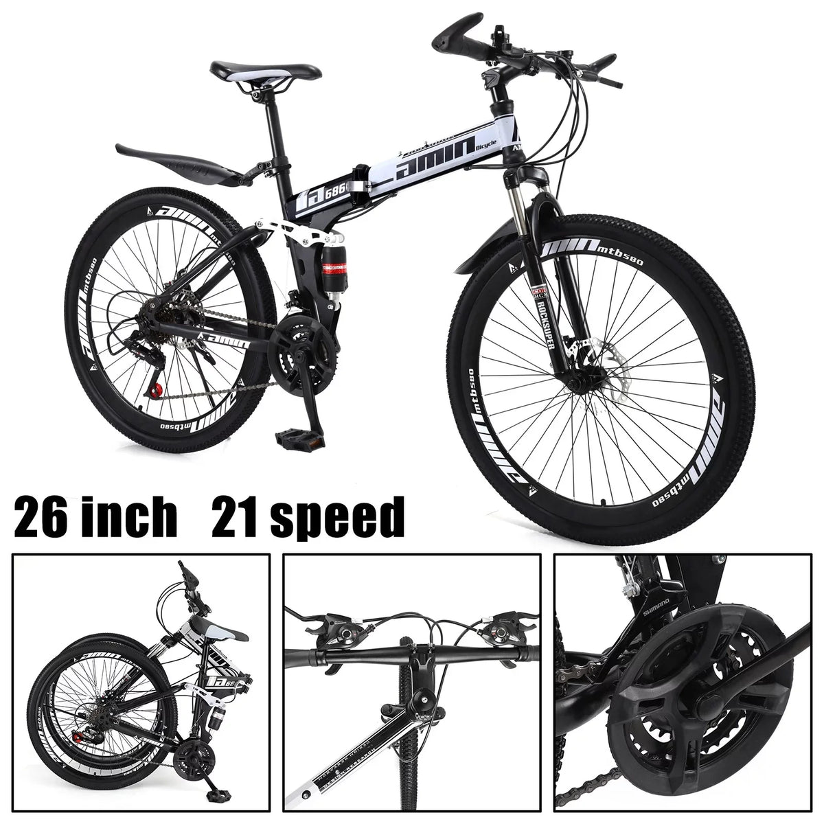 Unisex Adult Mountain Bike Full Suspension 26" 21 Speed MTB Folding Bicycle Unisex Full Suspension 26" Folding Mountain Bicycle 21 Speed Foldable Bike MTB