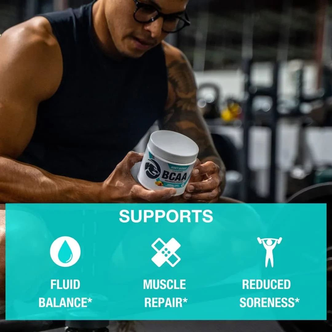 Honey Badger BCAA Amino Acids Electrolytes Powder, Keto, Vegan, Sugar Free BCAAs + EAA with L-Glutamine For Men & Women, Hydration & Post Workout Muscle Recovery Drink Mix, Tropical Punch, 30 Servings