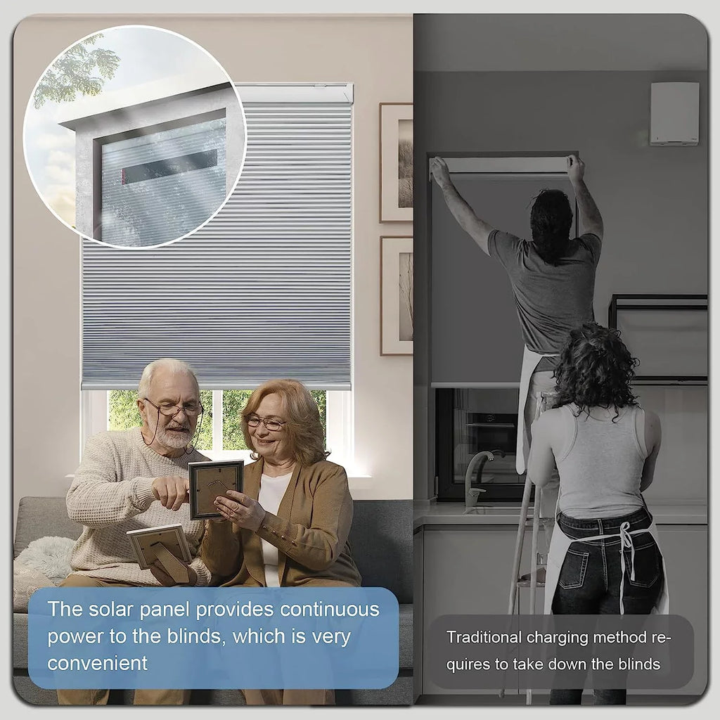 Solar Powered Magnetic Rechargeable Motorized Blinds 100% Blackout with Alexa Google【Free Solar Panel】 Cellular Shades Honeycomb with Remote, Cordless Automatic Electric Blinds, 29" Wx64 H, White