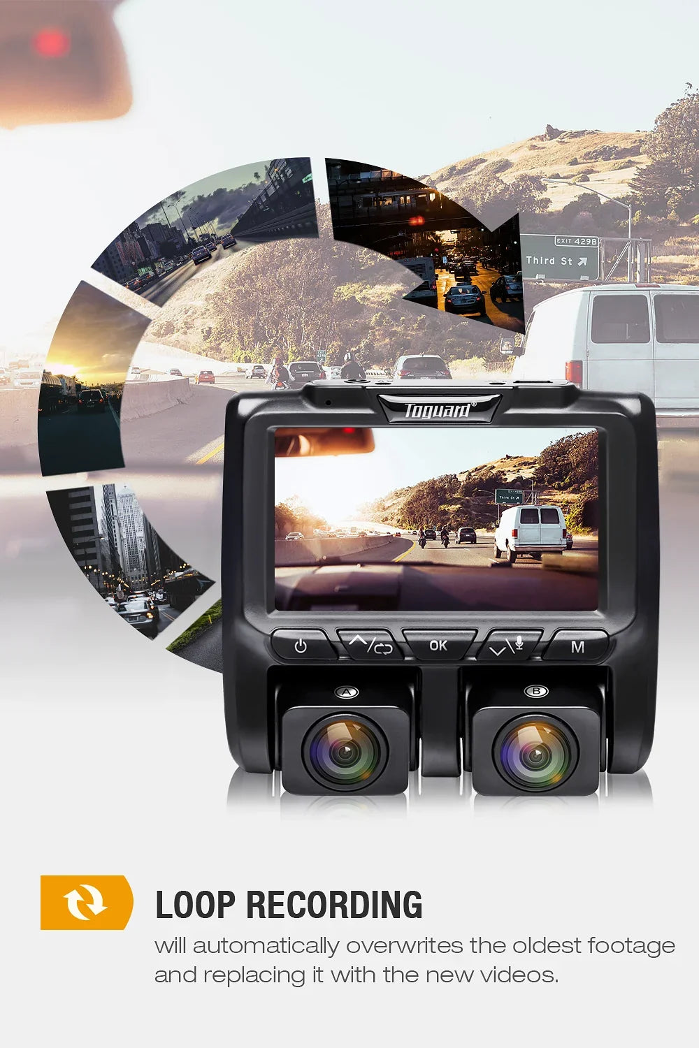 Full HD Dual Dash Cam, TOGUARD 1080P+1080P Front and Inside Car Camera Dash Cams 3" LCD Dashboard Camera Black
