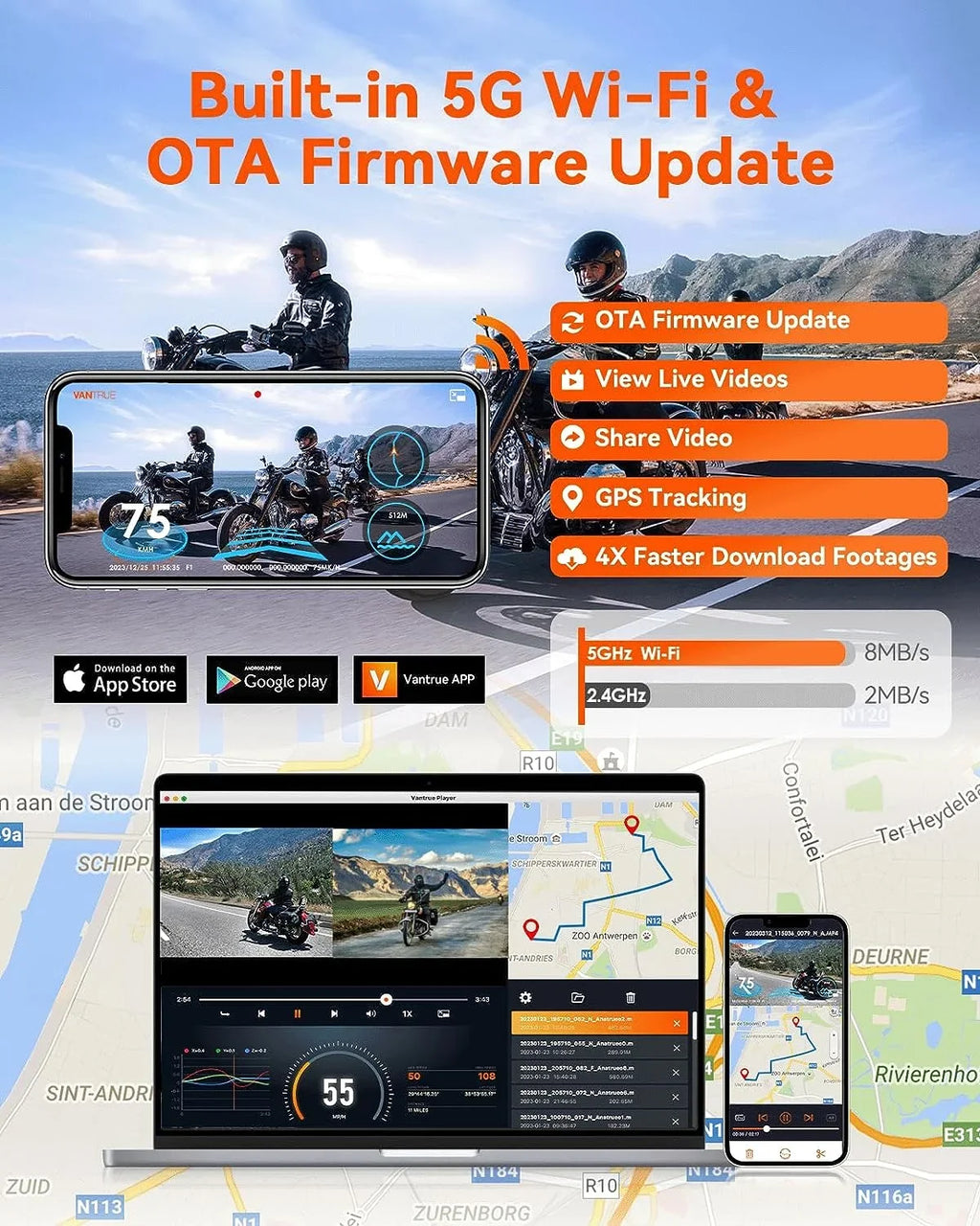 Vantrue F1 Motorcycle 4K Dashcam (4K + 1080P) GPS | WiFi | Parking Mode (No SD Card)