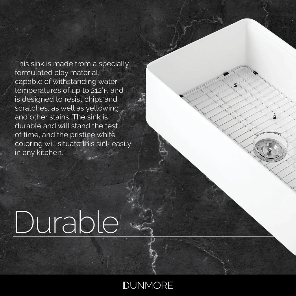 DUNMORE 33 Inch Farmhouse Sink Workstation, cUPC, 33x20 Single Bowl Clay, Apron Front White Kitchen Sink, Porcelain, Ceramic with Cutting Board & Accessories