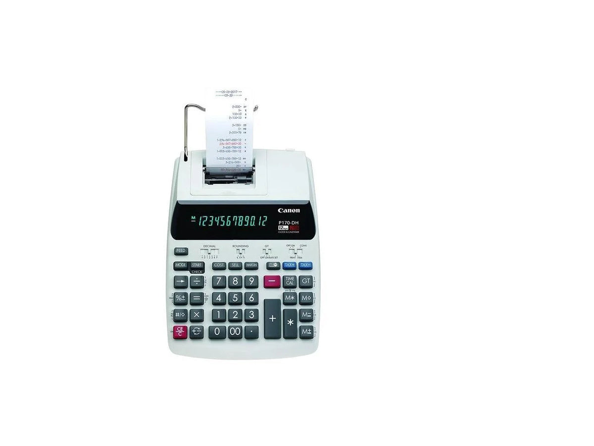 Canon P170-DH-3 Printing Calculators Calendar, Clock, Item Count, Sign Change, Compact - 12 Digits - White - 1 Each