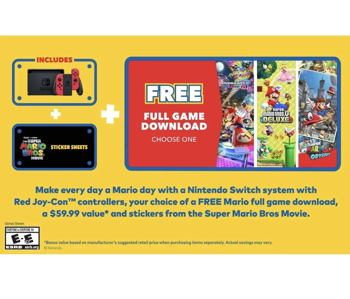 Nintendo Switch Mario 40th Edition - Red Joy-Con - Choose One of Three Download Mario Games + Sonic Mania + 64GB MicroSD Memory card + Switch Carrying Case