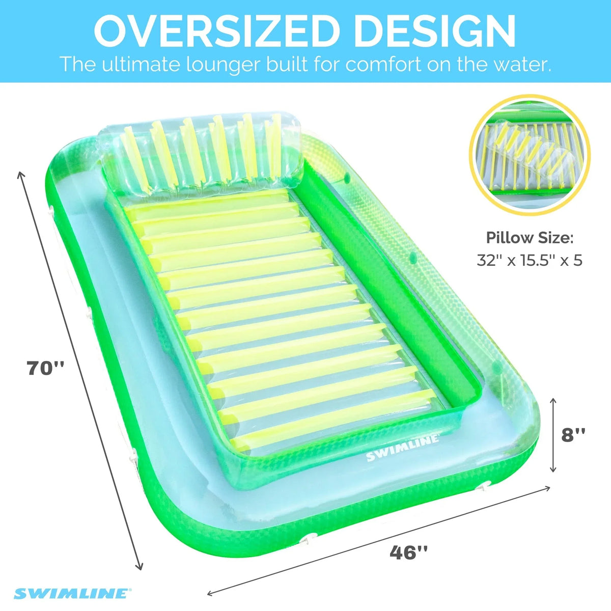 SWIMLINE Original Suntan Tub Classic Edition Inflated Floating Lounger Green and Yellow Tanning Pool Hybrid Lounge