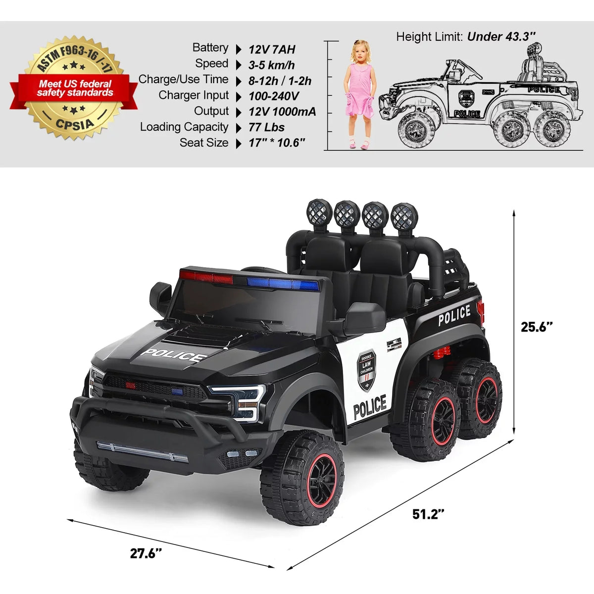 JOYLDIAS 6 Wheels 12V Kids Ride on Police Car Toy with Remote Control (Black)