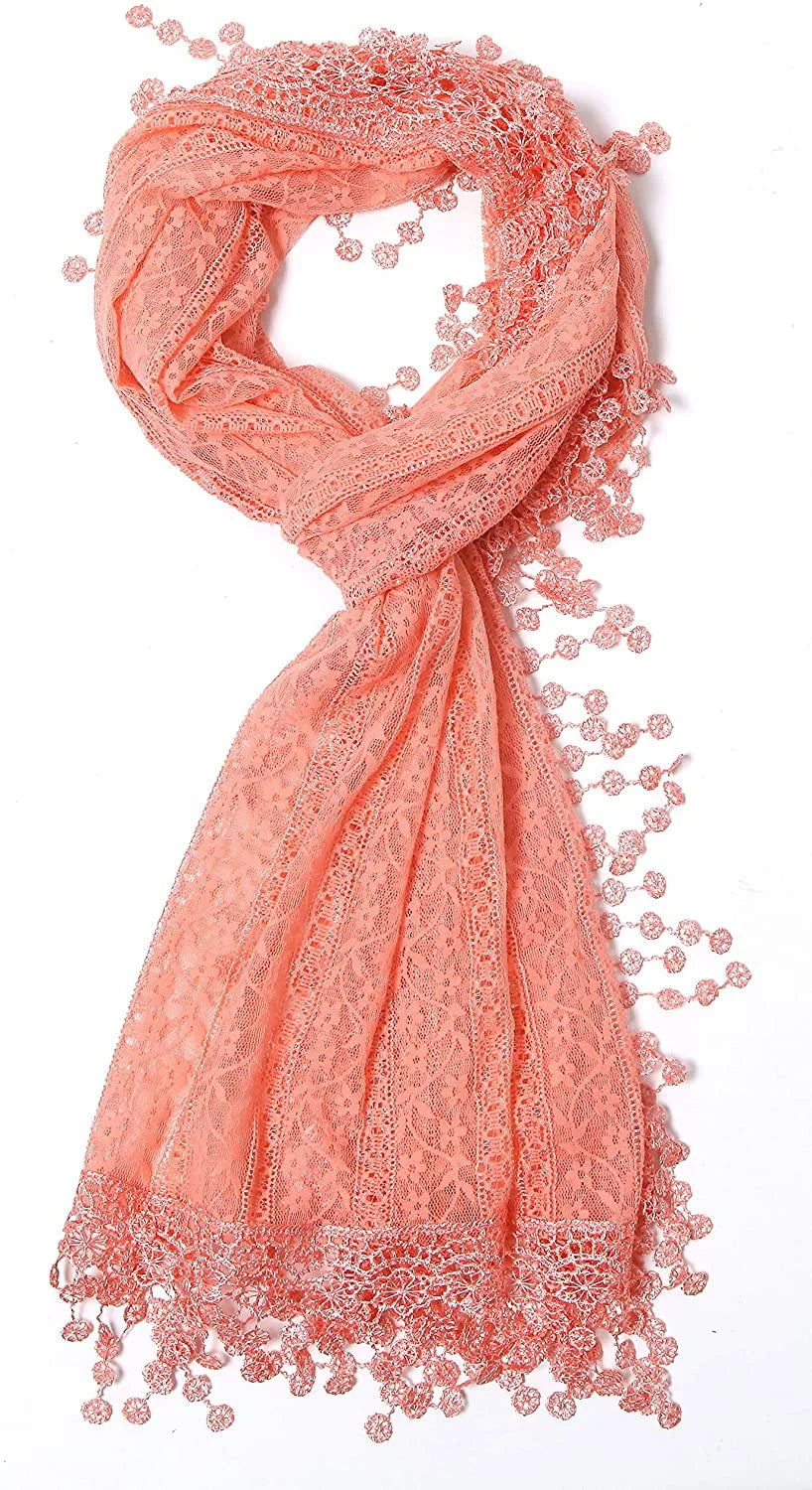 Cindy and Wendy Lightweight Soft Leaf Lace Fringes Scarf shawl for Women Peach Pink