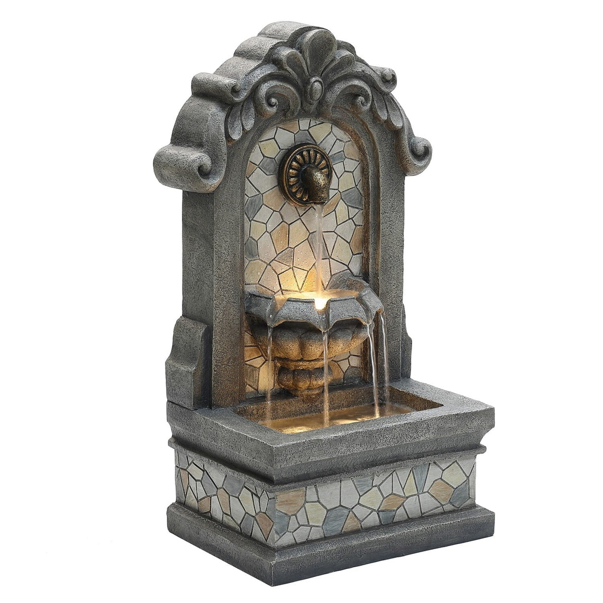 LuxenHome 27" H Gray Resin Mosaic Wall Freestanding Outdoor Water Fountain with Lights