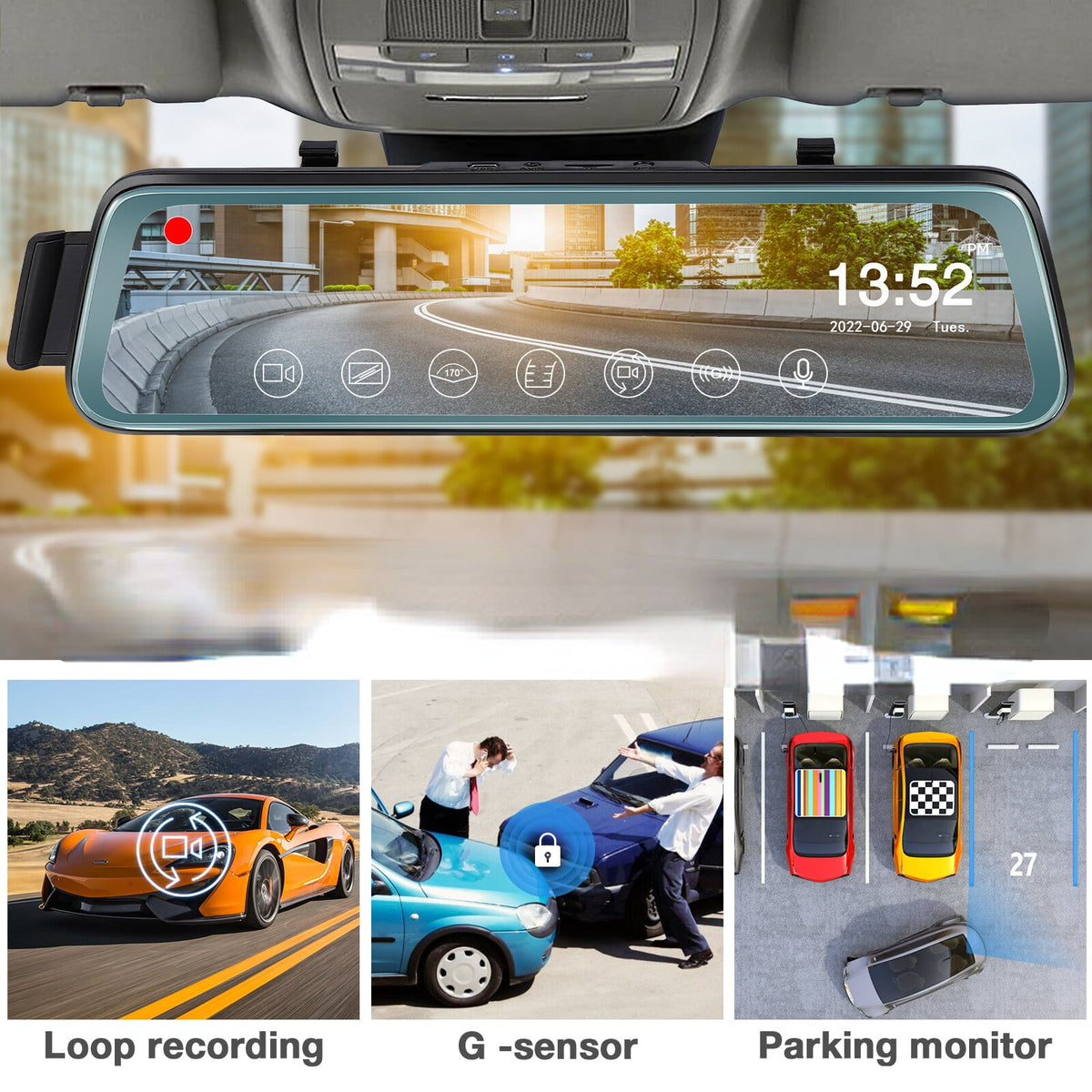 Cheefull 10' Mirror Camera Front and Rear 1080P Backup Camera ' Mirror Dash Cam Rear ViewFHD Full Touch Screen w Loop Recording, G-Sensor, Parking Monitor 170° Wide Angle