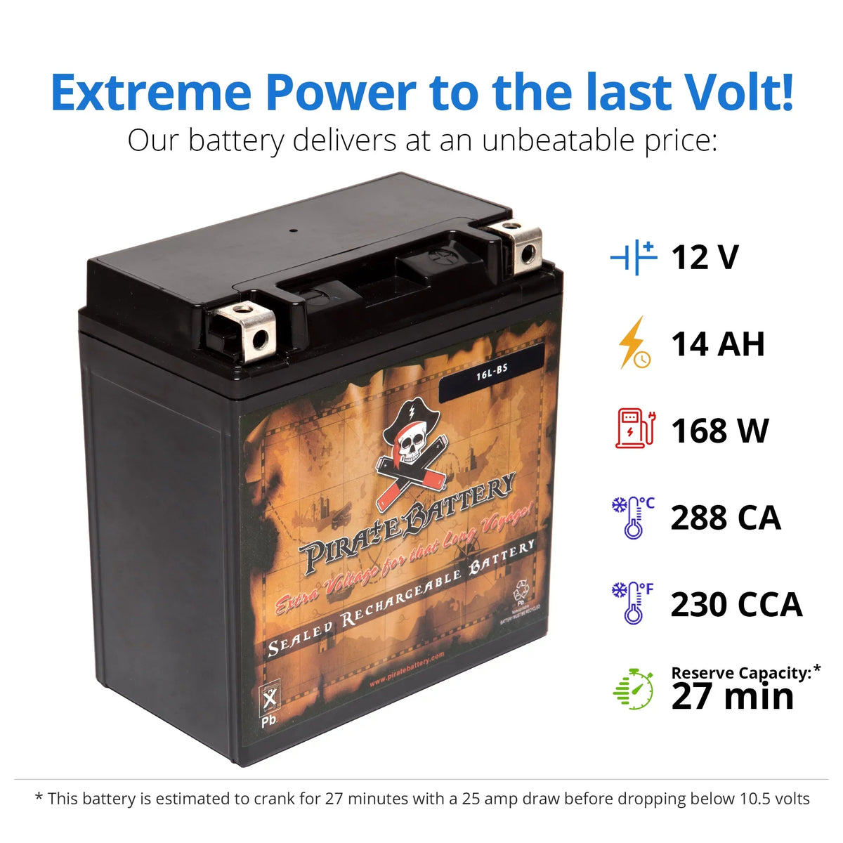 Pirate Battery YTX16L-BS (16L-BS 12 Volt,14 Ah, 230 CCA) Jet Ski Battery for Kawasaki 750cc Jh750 Ss St Xi Xir 1994