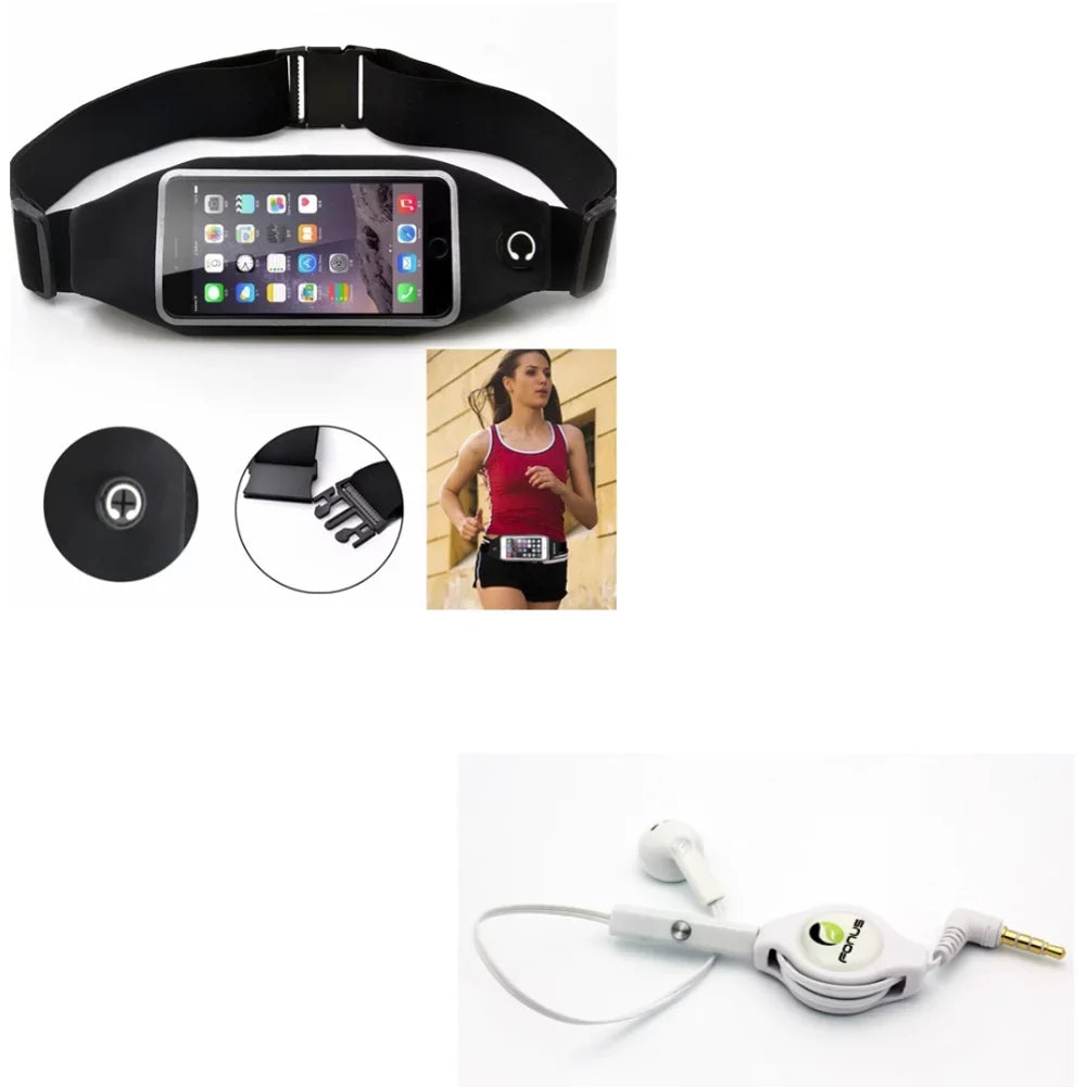Black Sports Running Workout Waist Bag Belt Case w Retractable Headset MONO Handsfree Earphone Mic J3P for Samsung Galaxy A7 (SM-A700FD) A6 - Sony Xperia Z5 Z4v Z3v Z3+ Z3 Z2 Z1S Z1 XZs XZ1 T3