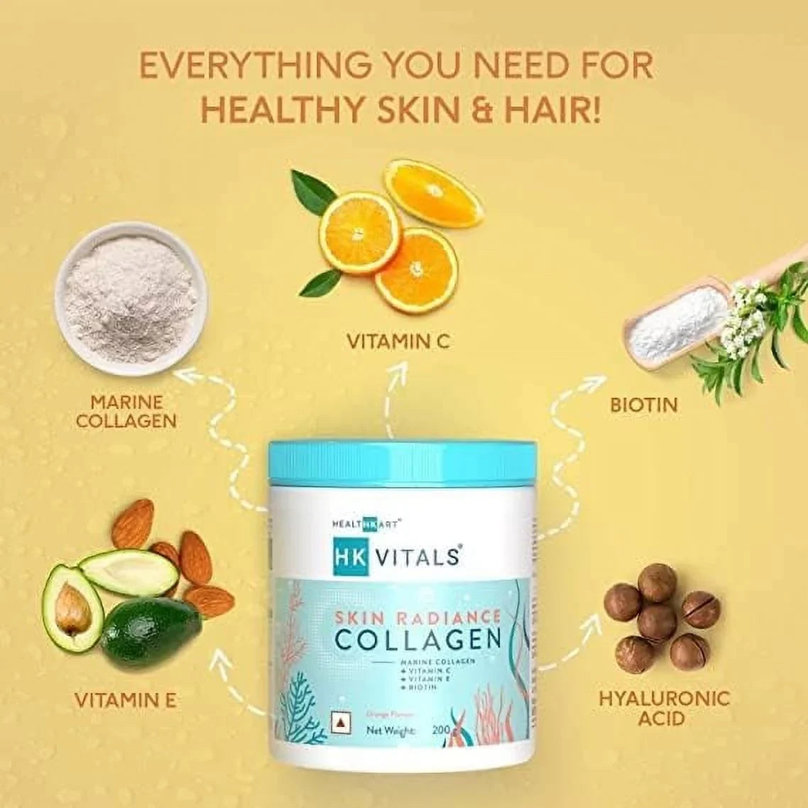 BAVI HealthKart HK Vitals Skin Radiance Collagen Supplement, with Biotin, Vitamin C, E, and Sodium Hyaluronate, for Healthy Skin, Hair & Nails, Orange, 200 g