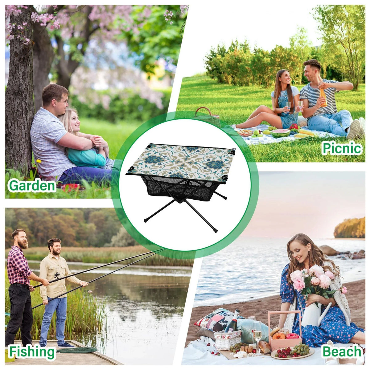 Indian Print Camping Folding Table Portable Beach Table with Storage Bag Compact Picnic Table for Outdoor Travel Fishing BBQ