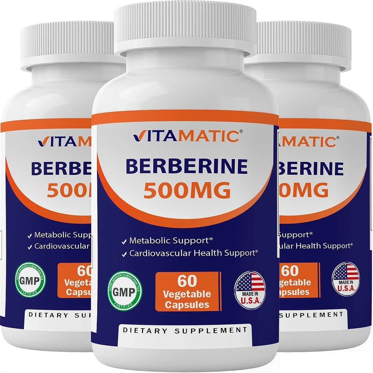 Vitamatic Berberine Supplement 500mg - 60 Vegetable Capsules - Made in The USA - Gluten Free - Non-GMO (3 Bottles)