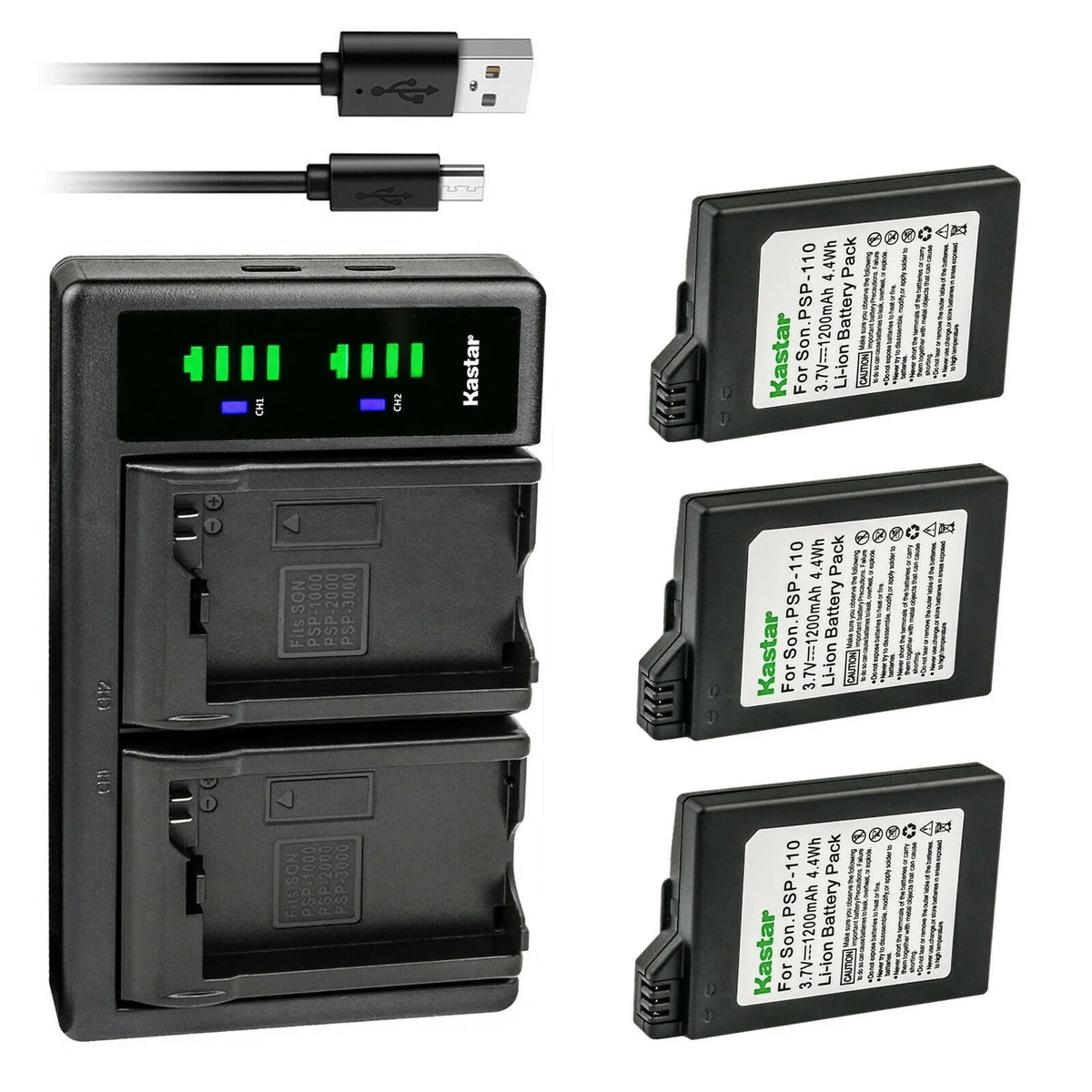 Kastar 3-Pack PSP 110 Battery and LTD2 USB Charger Replacement for Sony PSP-2009, PSP-2010, PSP-3000, PSP-3001, PSP-3002, PSP-3003, PSP-3004, PSP-3005, PSP-3006, PSP-3007, PSP-3008, PSP-3009, PSP-3010