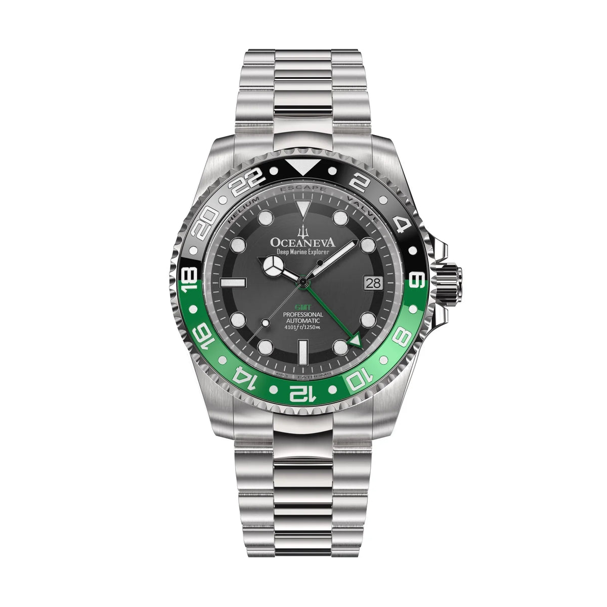 Oceaneva™ GMT Deep Marine Explorer Pro Diver Black Green Bezel Watch - Screw Down with Triple Seal Case Back - 1250M Water Resistance - Japan Automatic Movement Dive Swimming Wrist Watches For Men