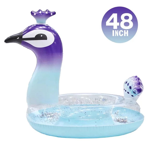 Melia Swim Party Toys Inflated Glitter Pool Float Peacock Designed with Fast Valves Lounge Raft Decorative Water Game Summer Beach Party for Kids | 48 Inch