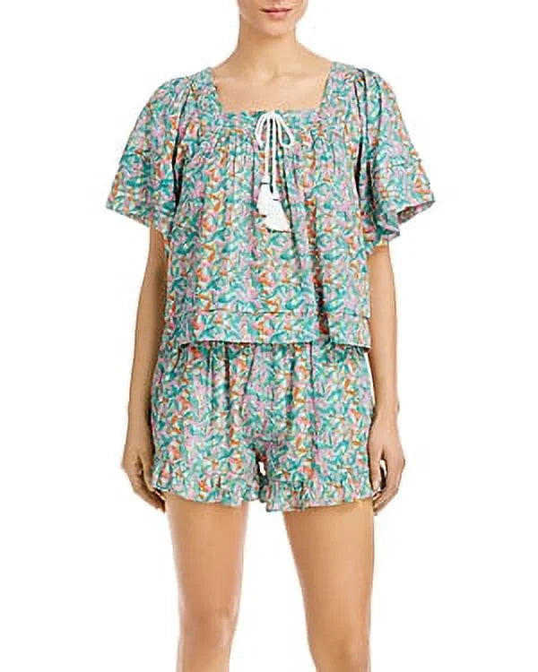Roller Rabbit Women's Peri Willow Cotton Swim Top Cover-Up (L, Teal Multi)