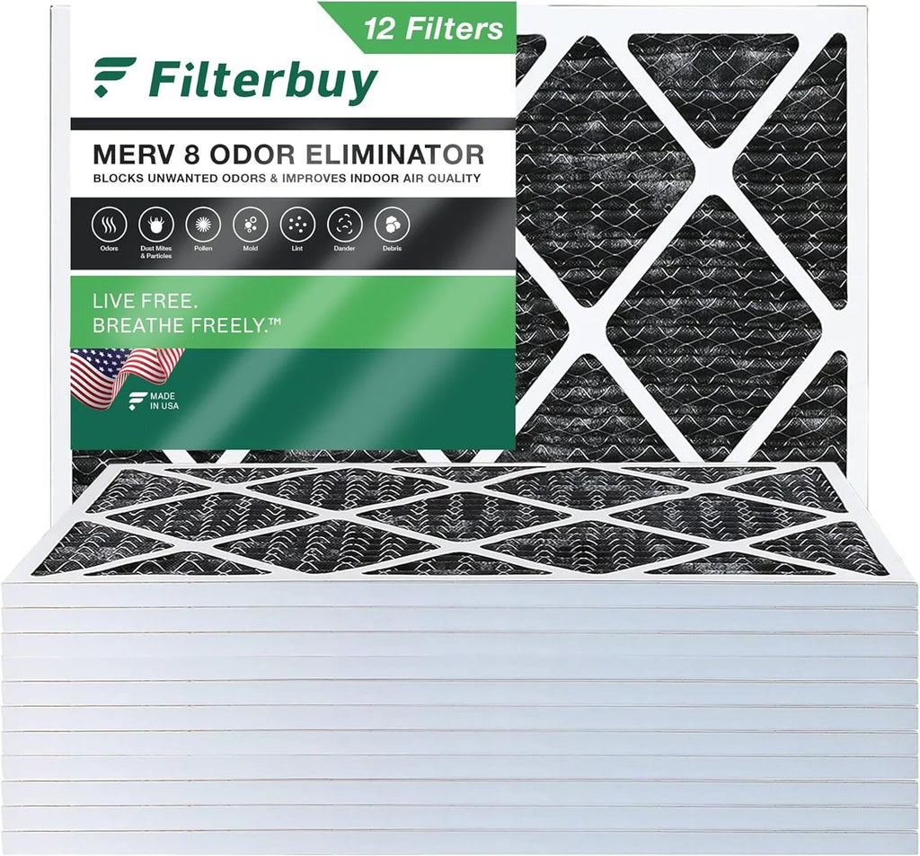 Filterbuy 16x20x1 MERV 8 Odor Eliminator Pleated HVAC AC Furnace Air Filters with Activated Carbon (12-Pack)