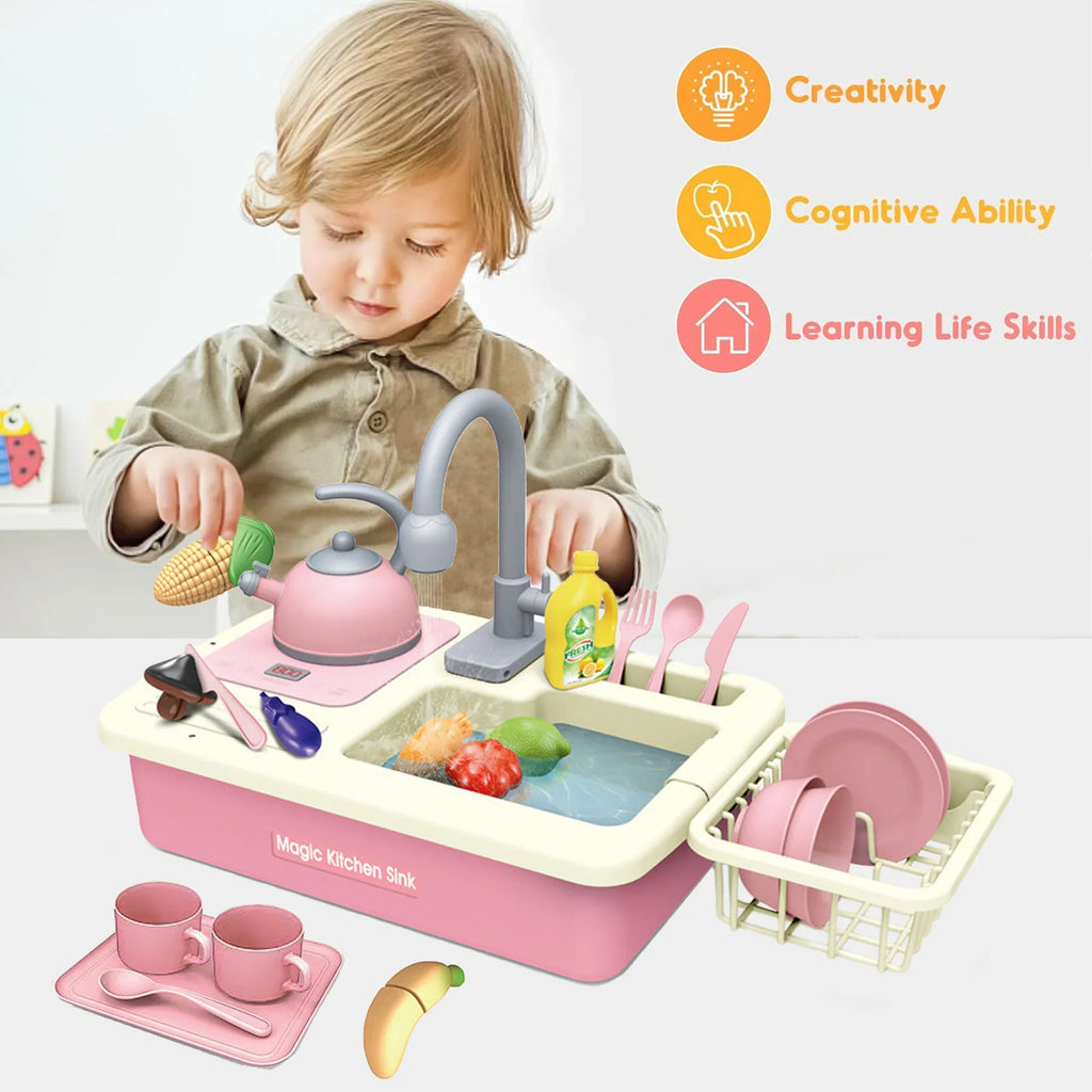 Richgv Pretend Play Kitchen Sink Toys with Running Water, 23PCS Electric Water Sink Toy with Play Induction Cooker Play Cutting Food, Kids Kitchen Role Play Toys for Boys Girls