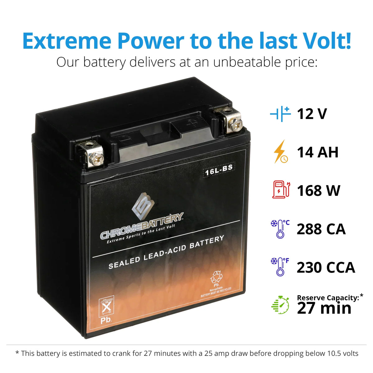 Chrome Battery YTX16L-BS (16L-BS 12 Volt,14 Ah, 230 CCA) Jet Ski Battery for Kawasaki 650cc Jf650 X2 1991