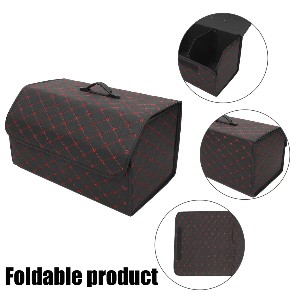 54x31x29cm Black PU Leather Car Storage Bag Trunk Organiser Foldable Boot Bag with Handle for Truck SUV Red Stitches
