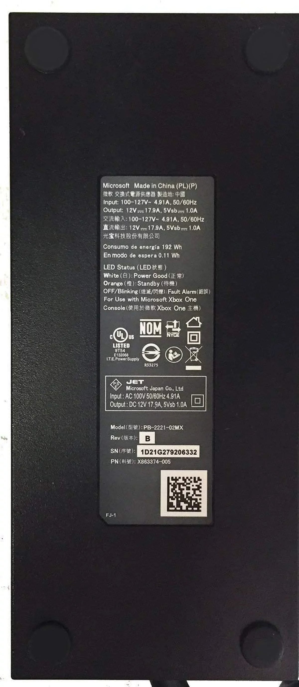 Pre-Owned Microsoft Original Power Supply AC Adapter Replacement Cord Brick for Xbox One (Black) (Good)