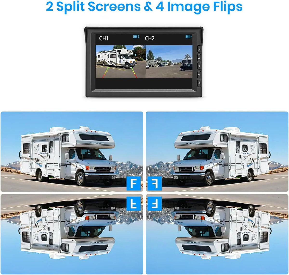 Auto-Vox Solar Wireless RV Backup Camera, 7'' Split-Screen Monitor with Dual Battery-Powered 2 PCS Trailer Rear View Camera and 2 Solar Panel, Campervans Wireless Reverse Cameras Systems