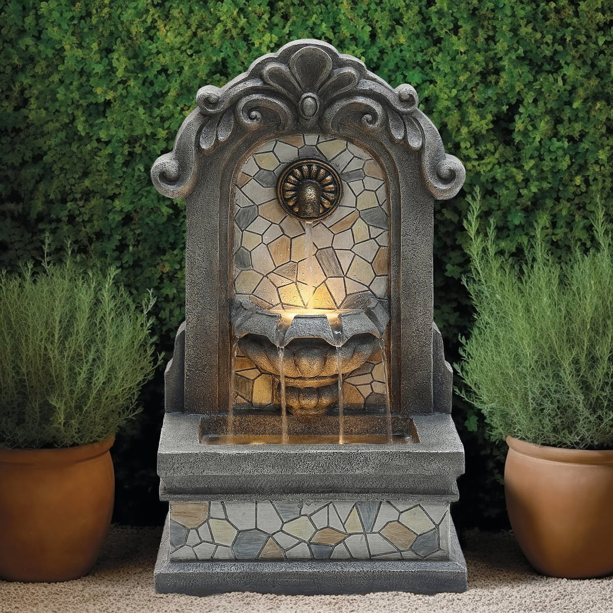 LuxenHome 27" H Gray Resin Mosaic Wall Freestanding Outdoor Water Fountain with Lights