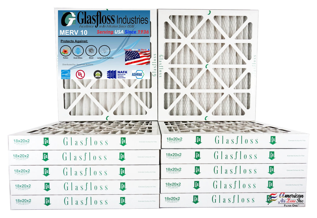 Glasfloss Air Filter 18x20x2 - 2" MERV 10 - (Pack of 12) - Pleated AC or HVAC Air Filter - Furnace Air Filter - Home or Office - Made In The USA.