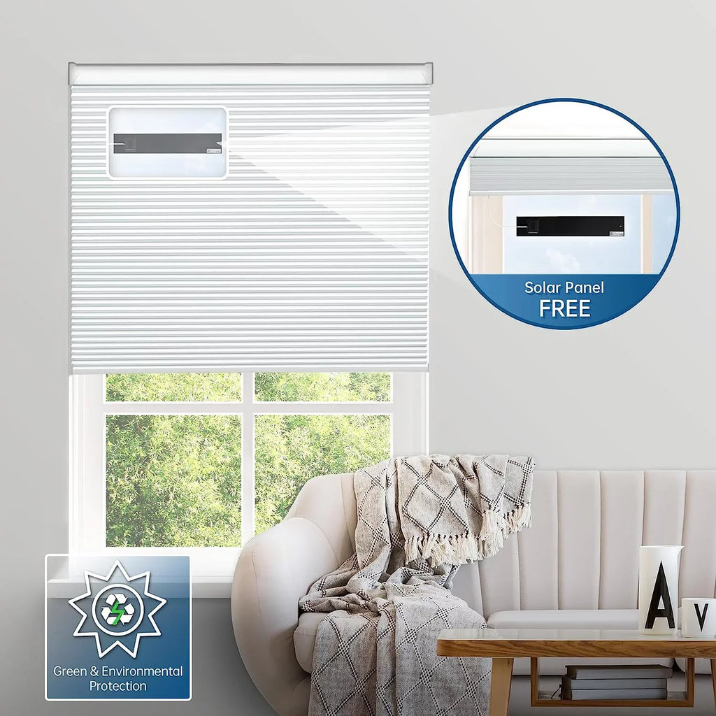 Solar Powered Magnetic Rechargeable Motorized Blinds 100% Blackout with Alexa Google【Free Solar Panel】 Cellular Shades Honeycomb with Remote, Cordless Automatic Electric Blinds, 29" Wx64 H, White