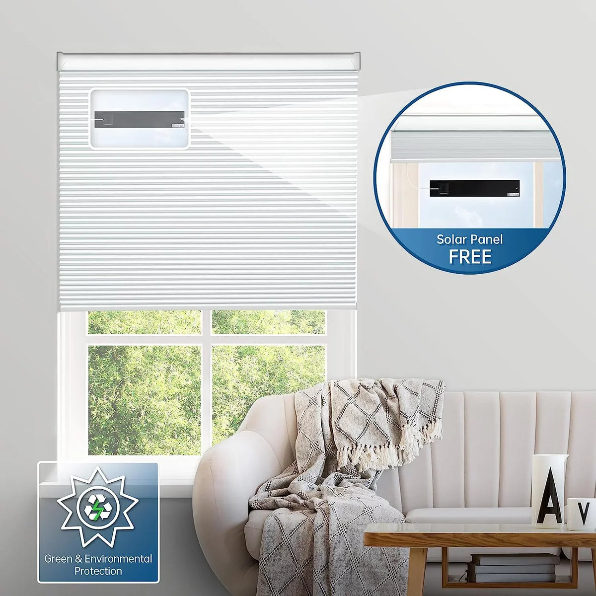 Solar Powered Magnetic Rechargeable Motorized Blinds 100% Blackout with Alexa Google【Free Solar Panel】 Cellular Shades Honeycomb with Remote, Cordless Automatic Electric Blinds, 29" Wx64 H, White