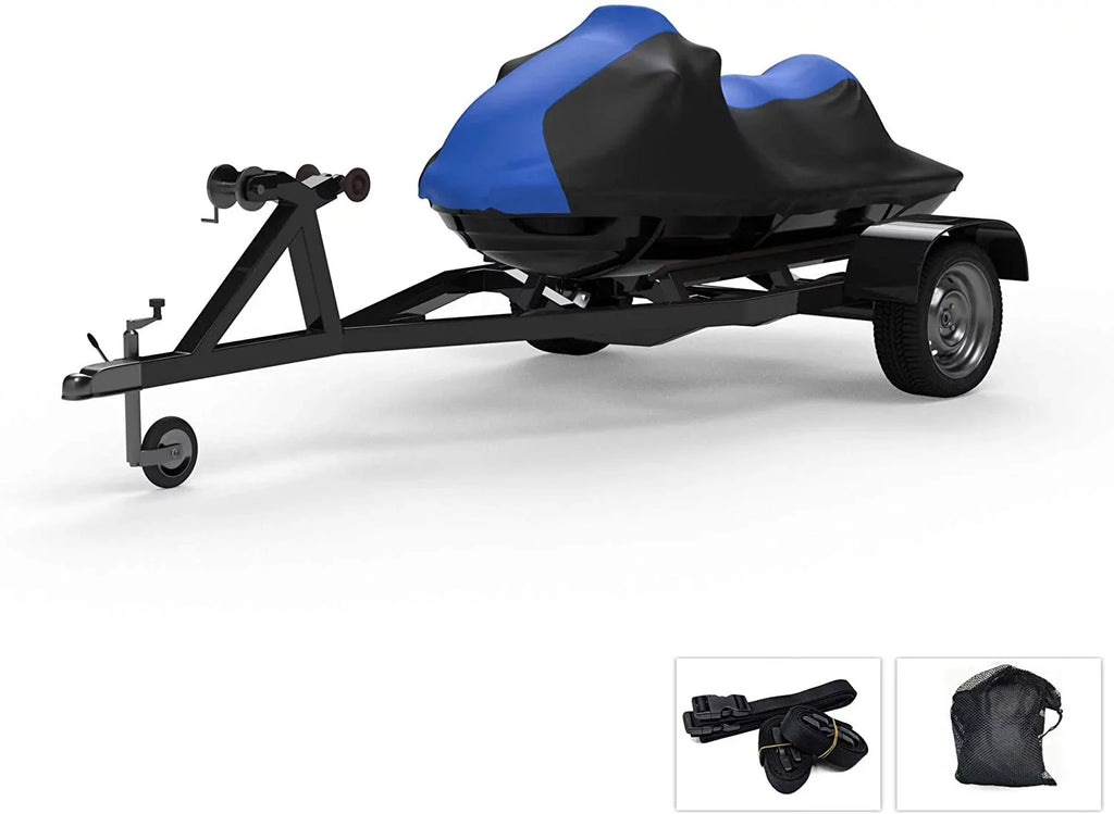 Weatherproof Jet Ski Covers for Yamaha Wave Runner V1 2015-2016 - Blue/Black Color - All Weather - Trailerable - Protects from Rain, Sun, UV Rays, and More! Includes Trailer Straps and Storage Bag