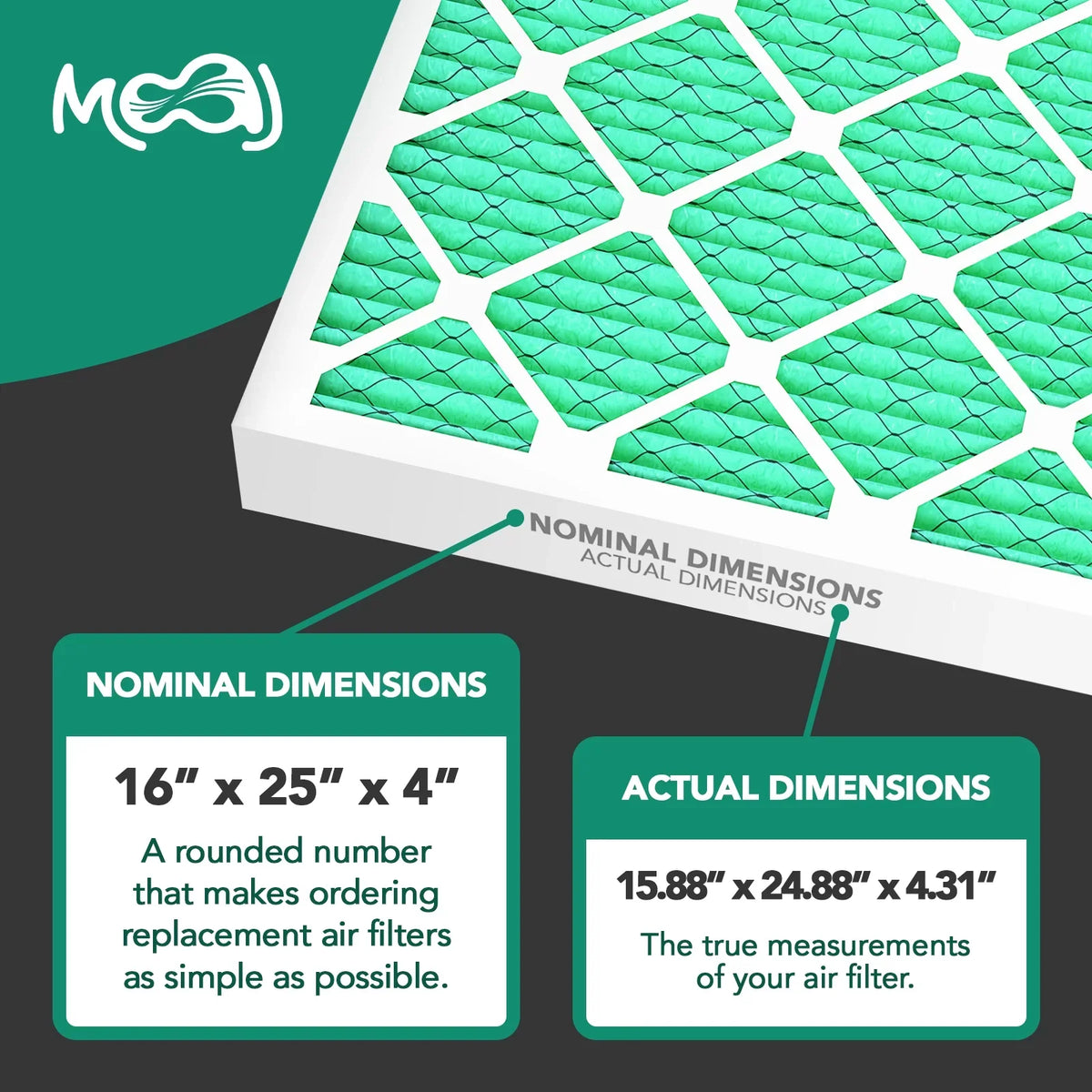 16x25x4 Air Filter (2-PACK) | MERV 13 | MOAJ Elite Bacterial & Viral Defense | BASED IN USA | Pleated Replacement Air Filters for AC & Furnace Applications | Actual Dimensions: 15.88" x 24.88" x 4.31"