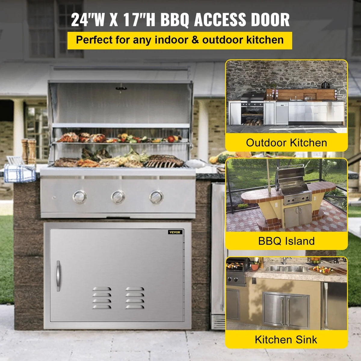 BBQ Access Door 24x17 Inch: Stainless Steel Single Horizontal Island Door with Vents