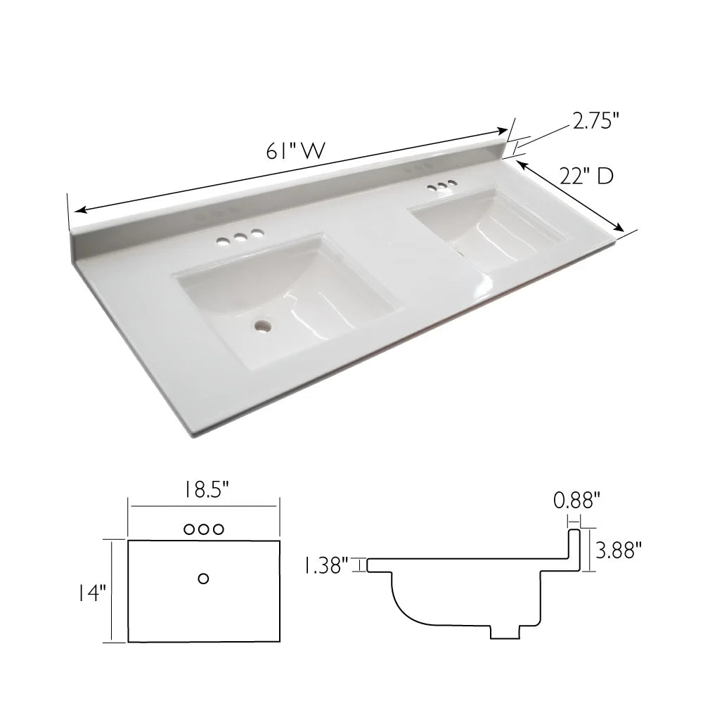 Design House 557678-WHT 61-inch Camilla Cultured Marble Centerset Mount Rectangle Double Bowl Vanity Top with Integrated Backsplash, Solid White