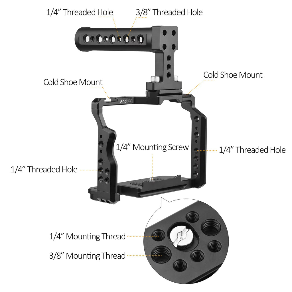 Walmeck Andoer Video Cage + Handle Kit Aluminum Alloy with Dual Cold Shoe Mounts Numerous 14 Inch Threads Replacement for Sony A7IV/ A7III/ A7II/ A7R III/ A7R II/ A7S II