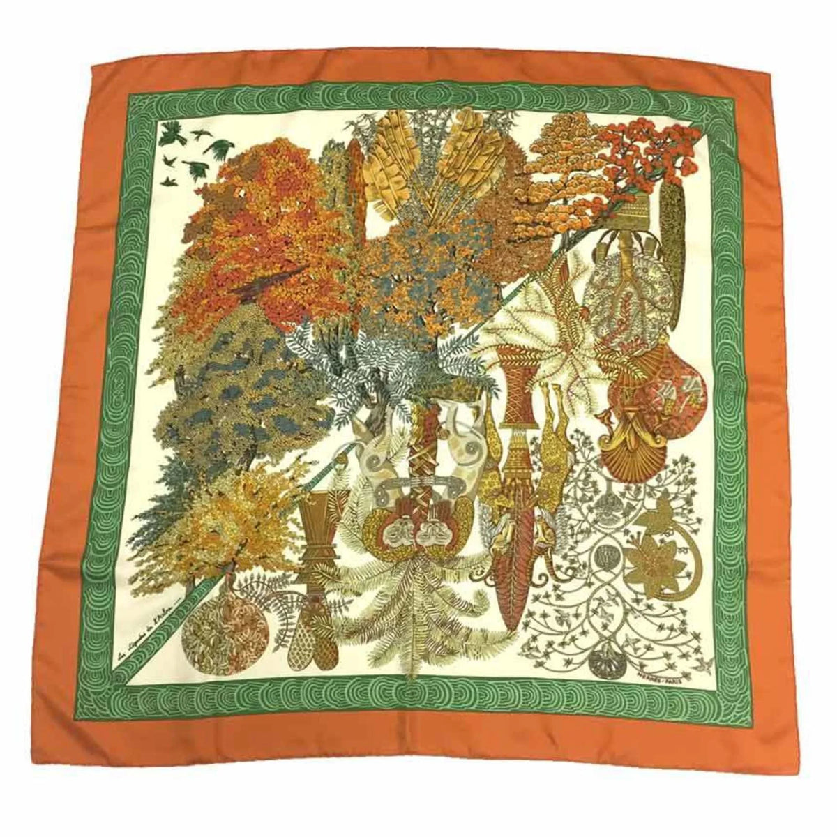 Pre-Owned HERMES Hermes Carre 90 Scarf Muffler Les Legendes de l'Arbre Tree Legend Orange x Green 100% Silk aq7062 (Good)