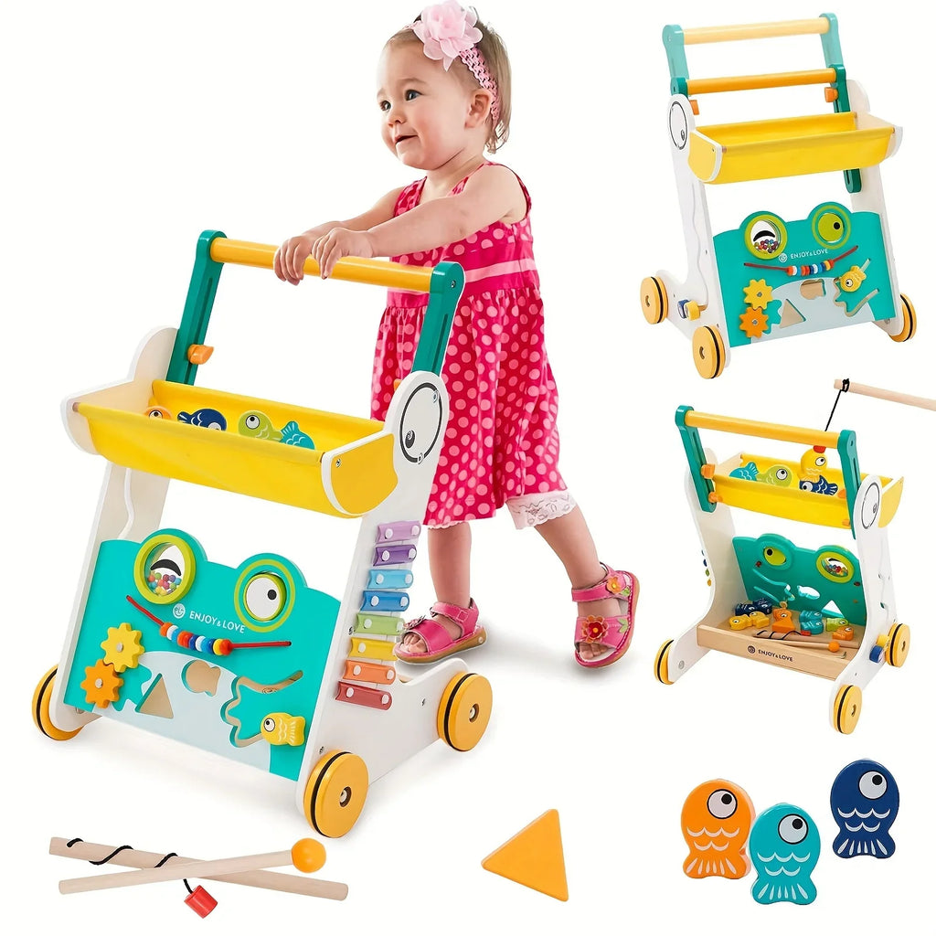 Wooden Baby Walker Sit-to-Stand Learning Baby Push Walker Kids Activity Center Toddler Push Along Trolley with Fishing Toy Shape Sorter Xylophone Multiple Entertainment for Boys Girls Infants