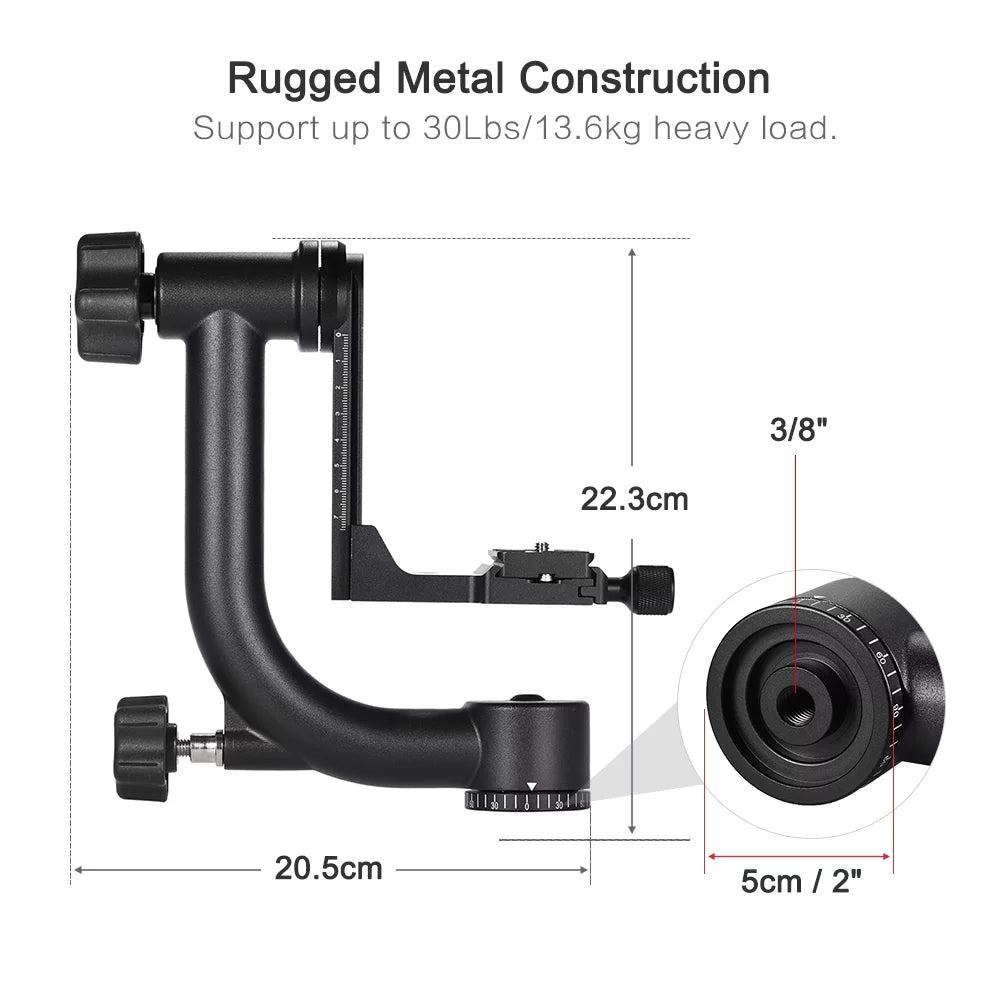 Andoer Metal Panoramic Gimbal Tripod Head Heavy Duty Aluminum Alloy with Arca-Swiss Standard Quick Release Plate Support 30Lbs/13.6kg Suitable for DSLR Camera Camcorder Bird Watching