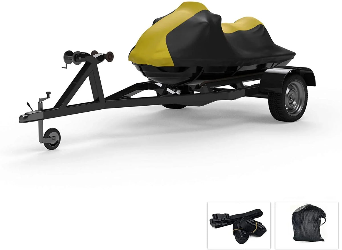 Weatherproof Jet Ski Covers for Yamaha EXR 2020 - Yellow/Black Color - All Weather - Trailerable - Protects from Rain, Sun, UV Rays, and More! Includes Trailer Straps and Storage Bag