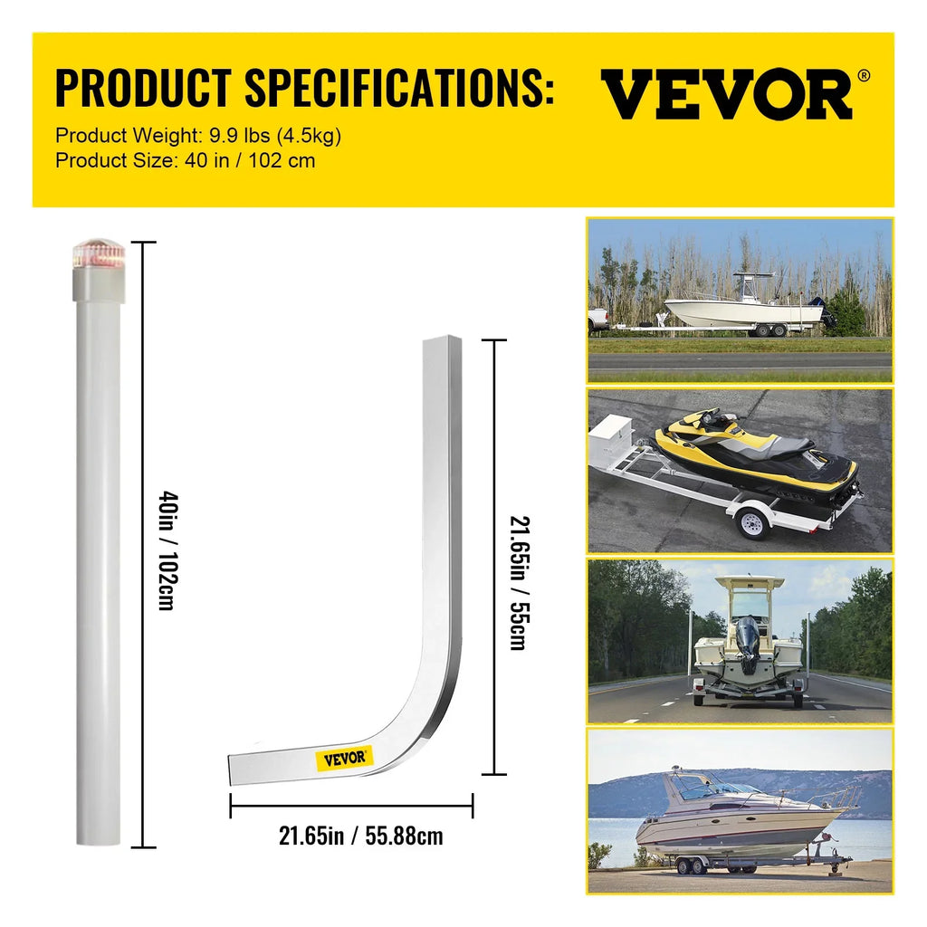 VEVORbrand Boat Trailer Guide-on, 40", 2pcs Galvanized Steel Trailer Post Guide on, with LED-Lighted Polyvinyl Tube Covers, Mounting Hardware Included, for Ski Boat, Fishing Boat or Sailboat Trailer