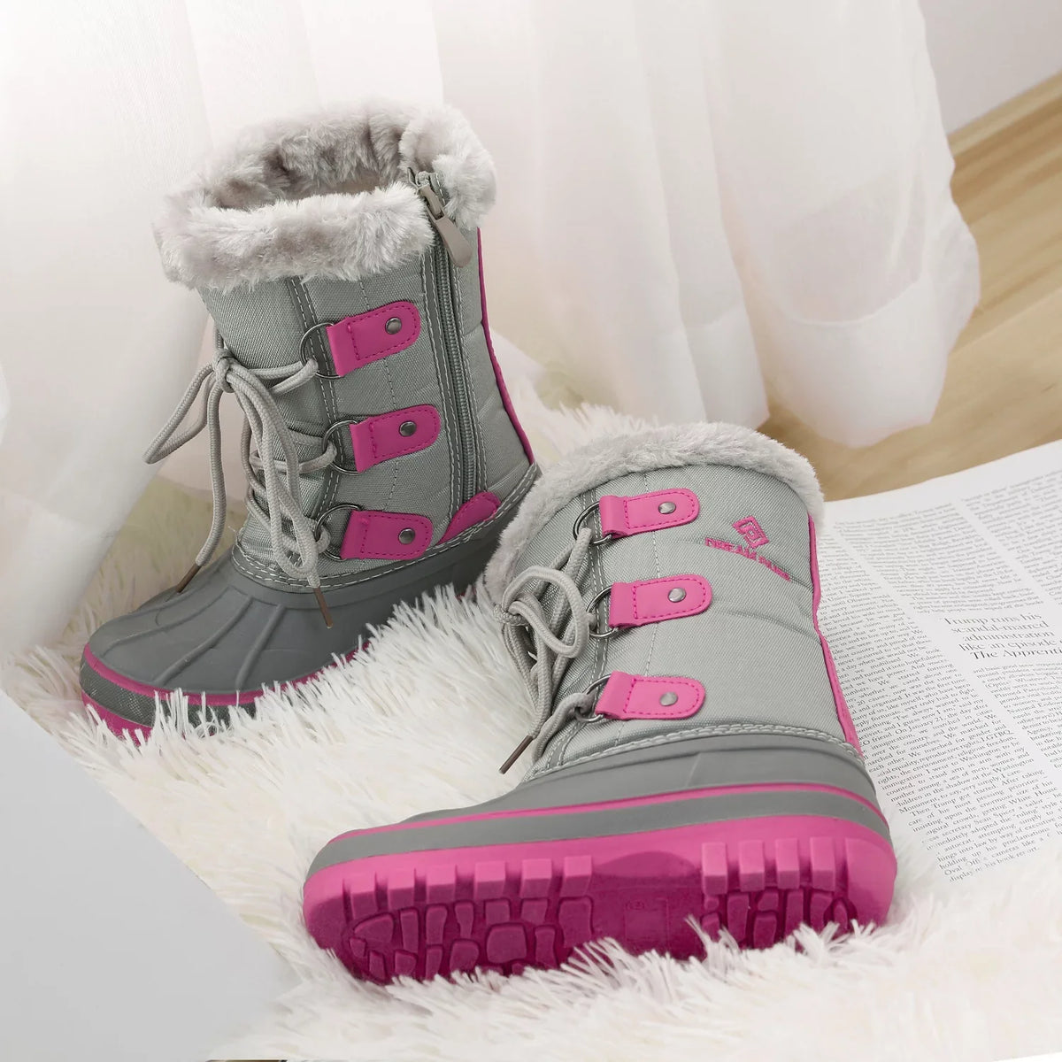 Dream Pairs Boys Girls Toddler Kids Ankle Winter Snow Boots Faux Fur-Lined Soft Boots Shoes Warm FORESTER GREY/FUCHSIA Size 11 little kid