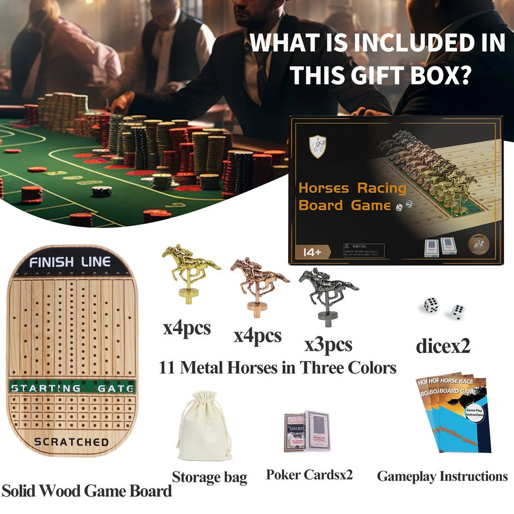 Horse Race Board Game Racing Game Thickened Pine with 11 Luxurious Durable Classic Metal Horses with 4 dice and 2 Boxes of Cards Across Finish Line Horse Racing Game