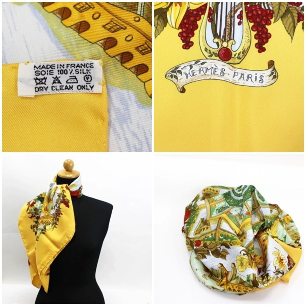 Pre-Owned Hermes Silk Scarf Carre 90 "Au pays de Cocagne" In Paradise Yellow HERMES | For Ladies (Good)